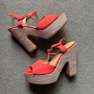 Anthropologie Suede Glitz Metallic Fabric Sandal Platform Size 8.5